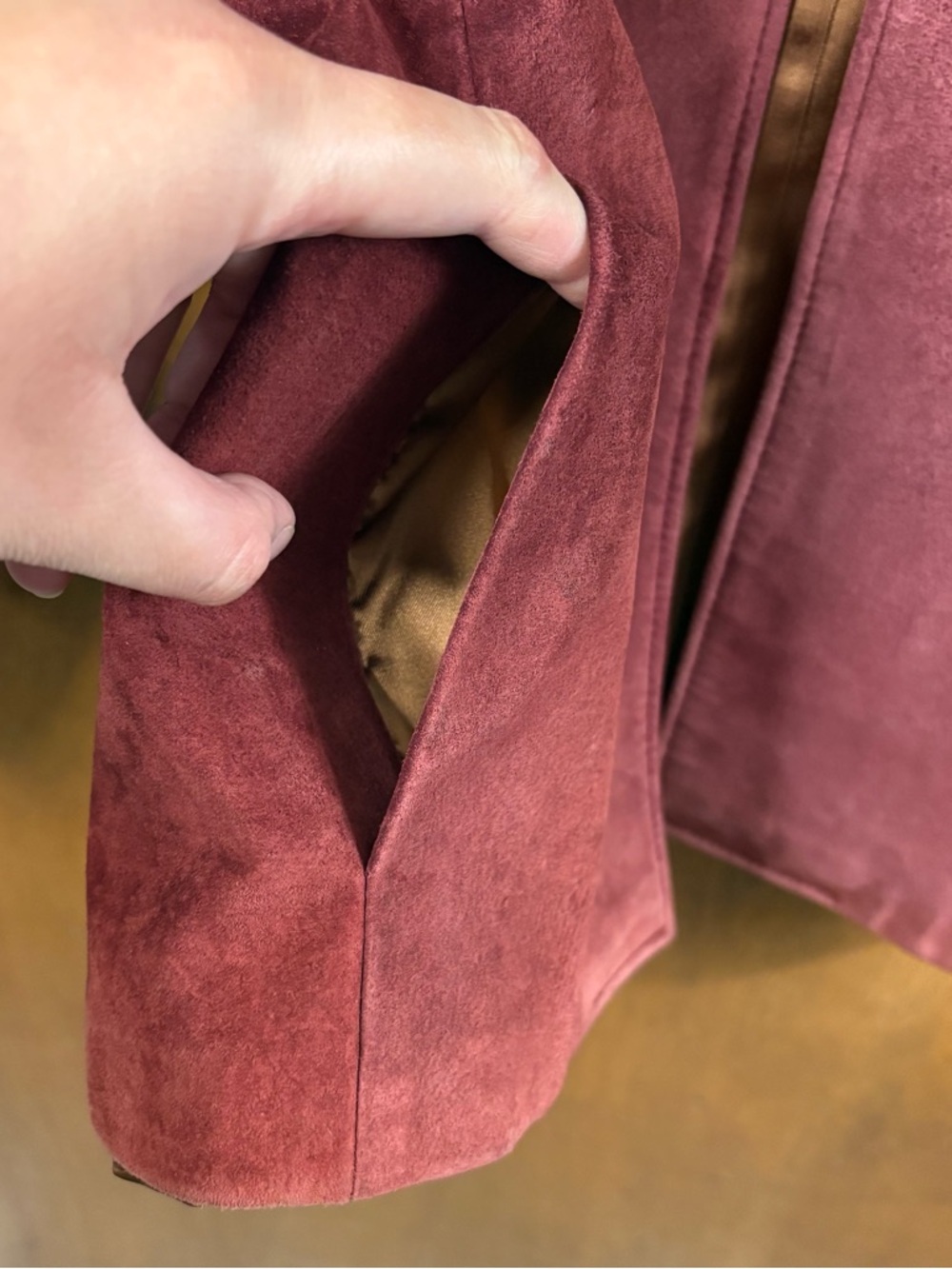 Overland Sheepskin Co Vintage 70s Red Burgundy Leather Suede Open Front Jacket - Picture 10 of 15